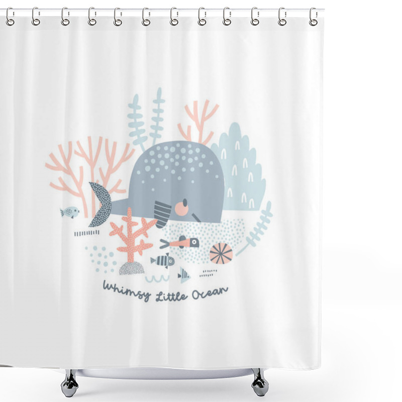 Personality  Whale And Fish On Seabed Vector Illustration Shower Curtains