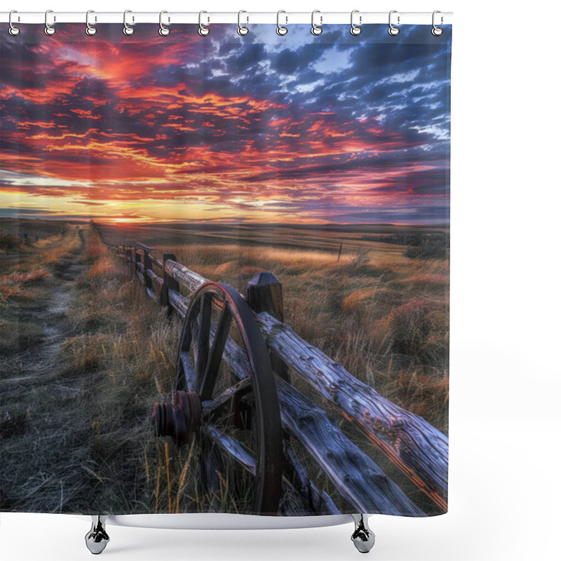 Personality  A Picturesque Countryside Landscape At Sunset With Vibrant Skies, A Wooden Fence, And An Old Wagon Wheel In A Grassy Field. Shower Curtains