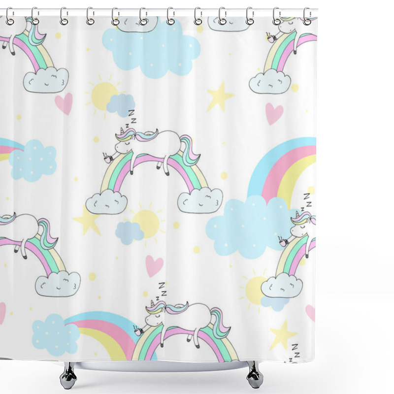 Personality  Hand Drawn Seamless Vector Pattern With Cute Unicorns, Stars And Planet. Repetitive Wallpaper On White Background. Shower Curtains