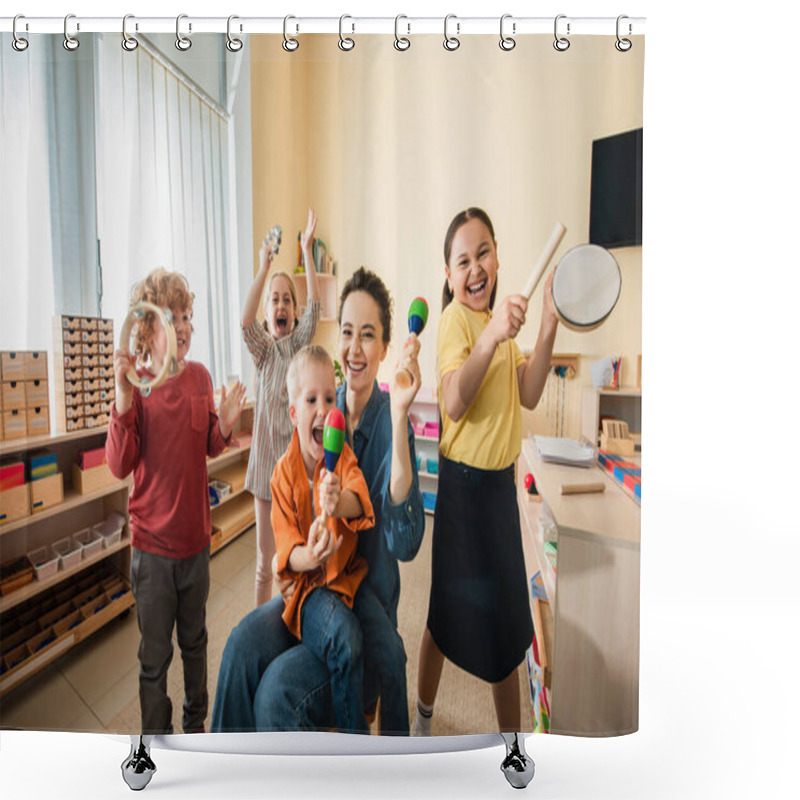 Personality  Cheerful Interracial Kids With Young Teacher Playing Musical Instruments In Montessori School Shower Curtains