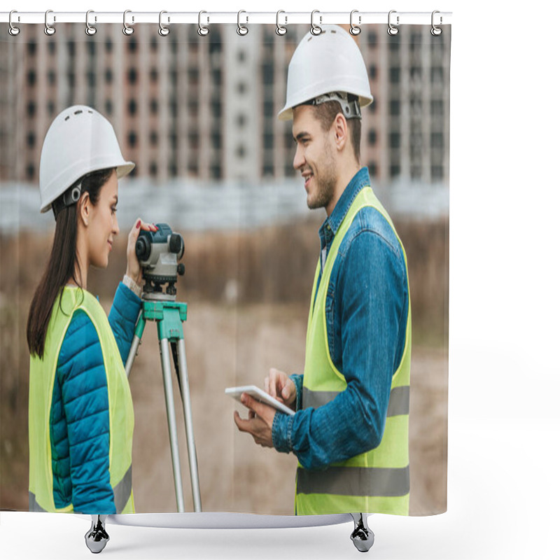 Personality  Smiling Surveyors With Tablet And Digital Level Shower Curtains