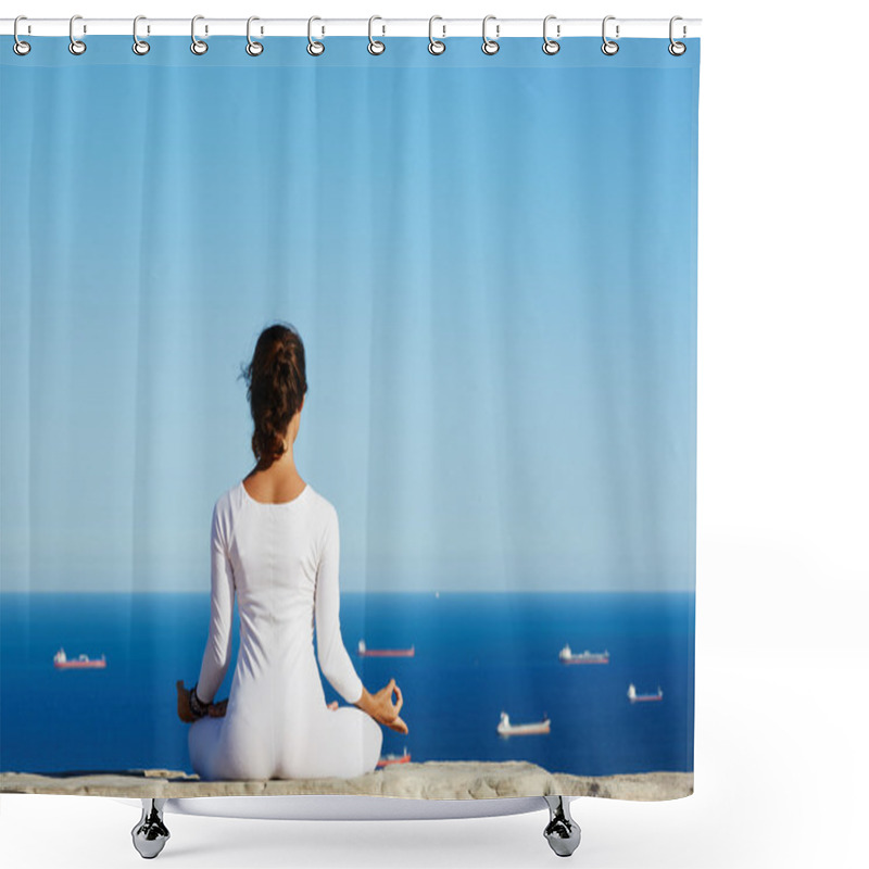 Personality  Young Woman Practices Yoga On High Altitude With Sea Ships View On Background Shower Curtains