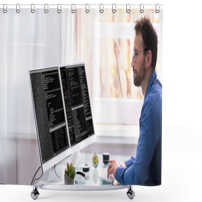 Personality  Computer Programmer Writing Program Code On Computer In Office Shower Curtains