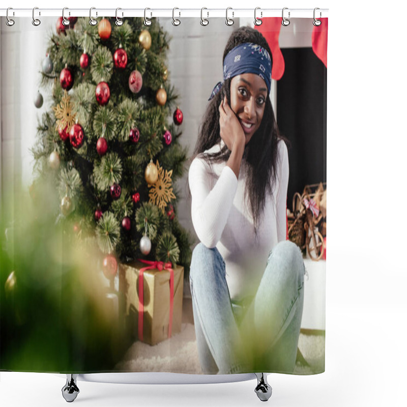 Personality  Smiling Beautiful African American Woman Looking At Camera At Home, Christmas Concept Shower Curtains