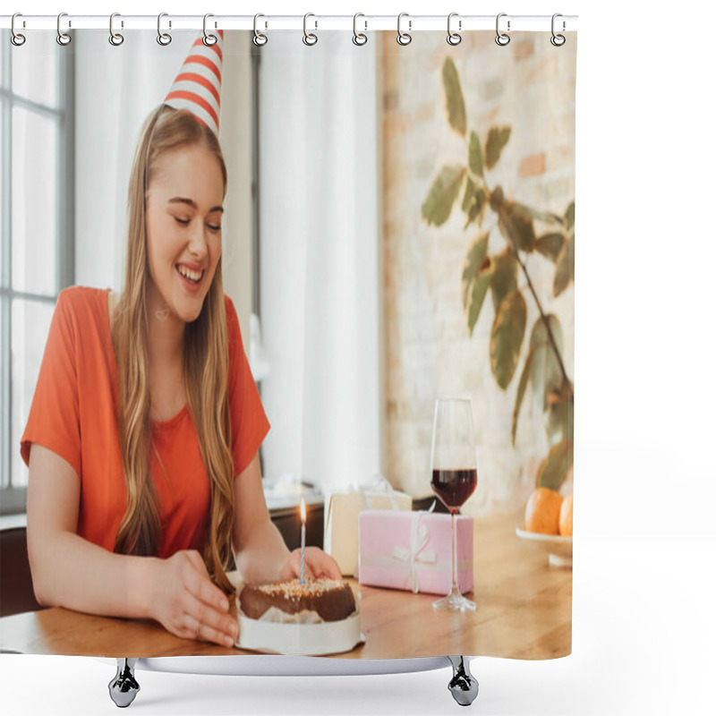 Personality  Cheerful Woman In Party Cap Looking At Delicious Birthday Cake  Shower Curtains