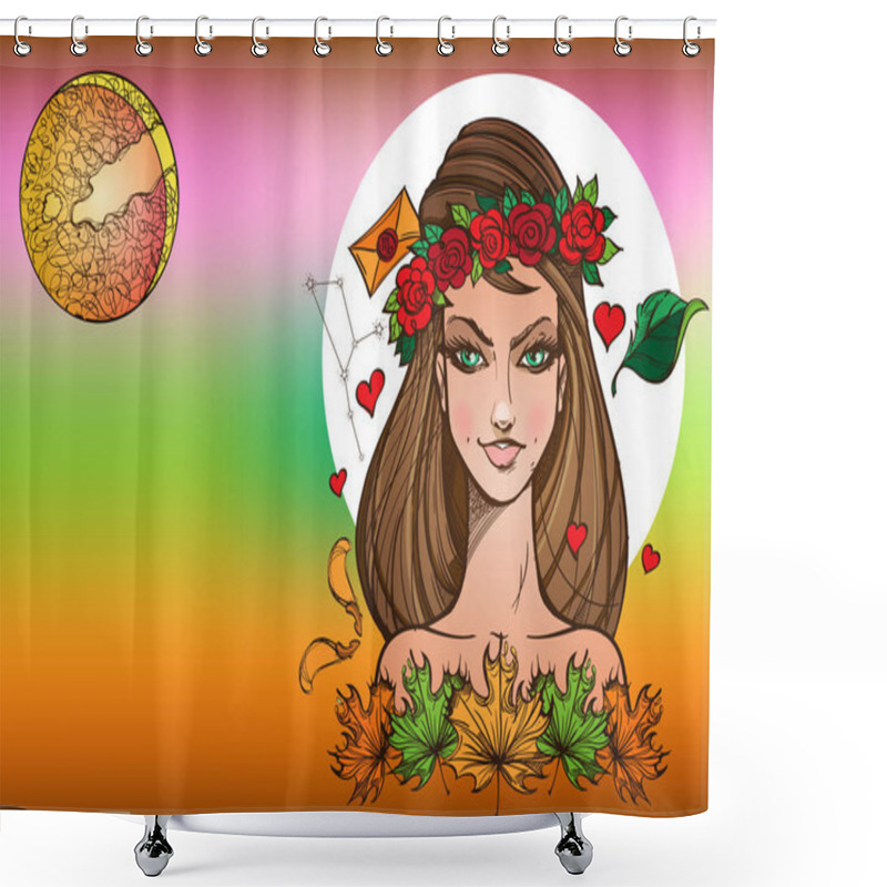 Personality  Beautiful Rectangular Background With Female Portrait. Girl Symbolizes The Zodiac Sign Virgo. Color Illustration With The Image Of Women. Shower Curtains