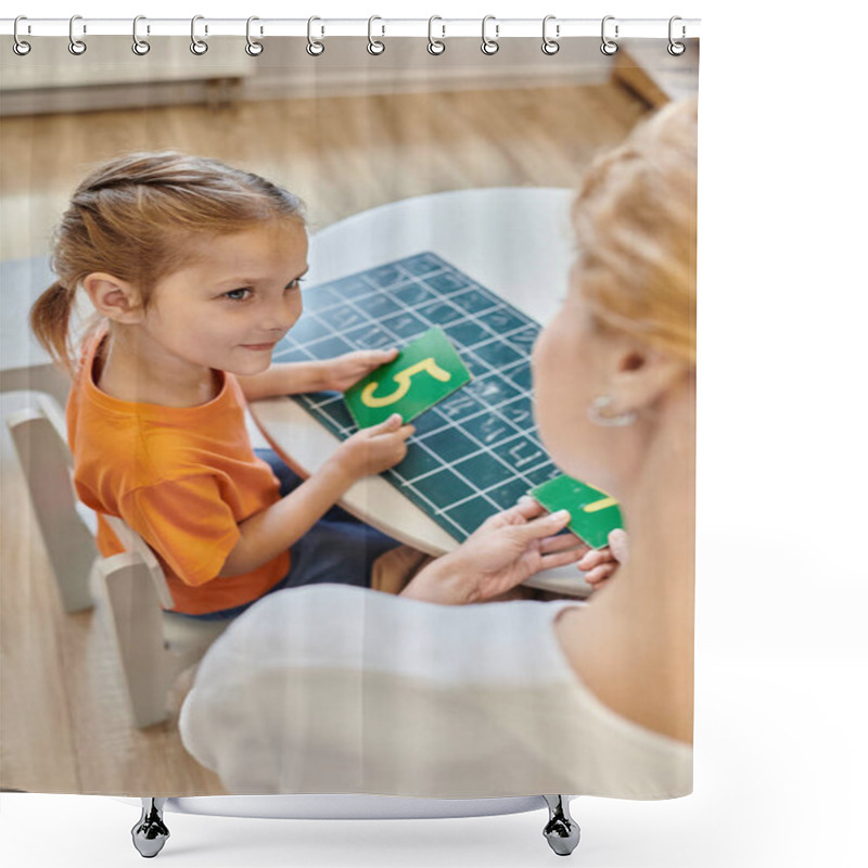 Personality  Clever Girl And Teacher Holding Numbers Near Chalkboard, Learning Through Play, Math, Top View Shower Curtains