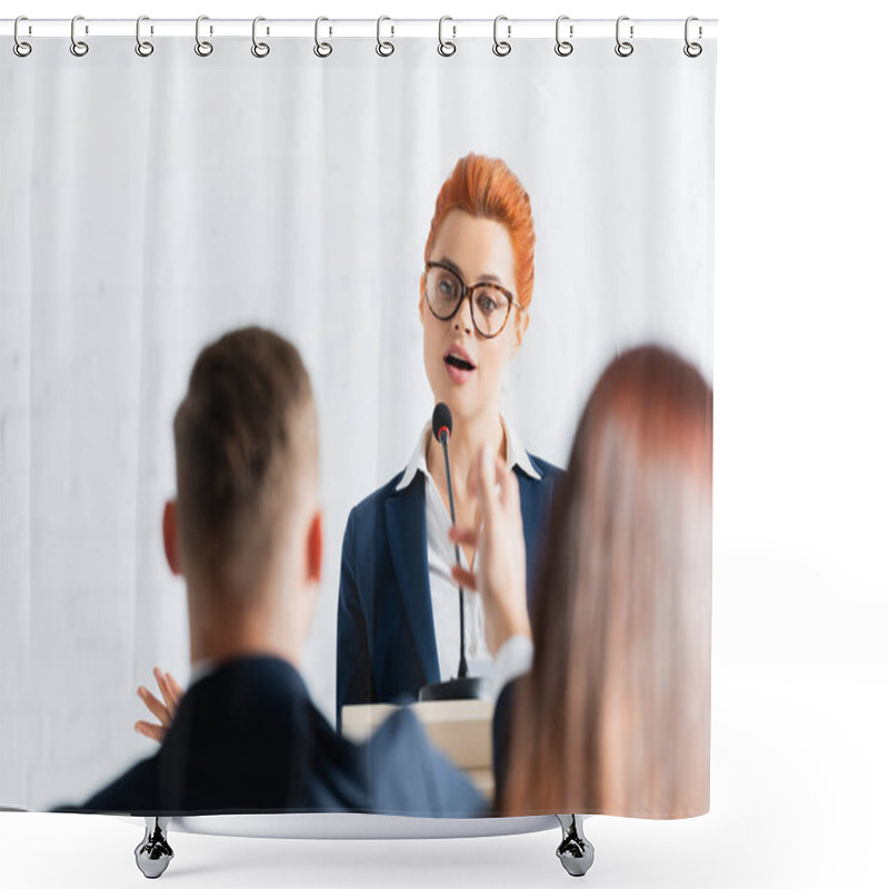 Personality  Political Agitator Talking To Voters In Conference Room, Blurred Foreground Shower Curtains