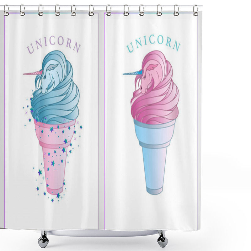 Personality  Surreal Pink And Blue Unicorns Which Emerge From Ice Cream Cones. Can Be Used For T-shirt Print, Fashion Print Design, Kids Wear, Baby Shower, Celebration, Greeting And Invitation Card. Vector Illustration, EPS 10 Shower Curtains