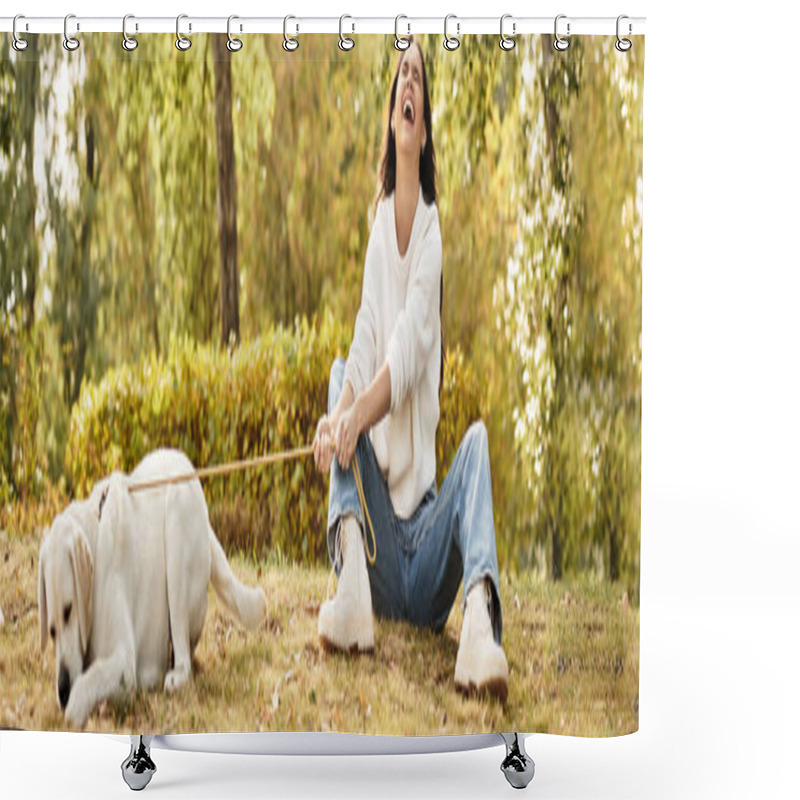 Personality  A Young Woman Enjoys A Sunny Autumn Day, Laughing While Playing With Her Dog In The Park. Shower Curtains