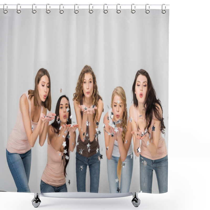 Personality  Cheerful Girls Blowing On Confetti Stars Isolated On Grey Shower Curtains