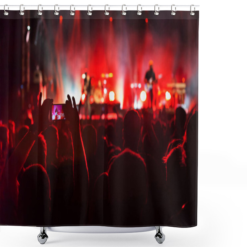 Personality  Hands Filming Concert With Smartphone, Crowd Of Spectators Watching Musicians Playing Music And Singing On Stage Shower Curtains