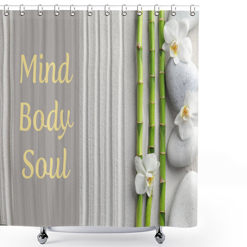 Personality  Flat Lay Composition Of Bamboo Stems With Zen Stones And Text Mind, Body, Soul On Sand Shower Curtains