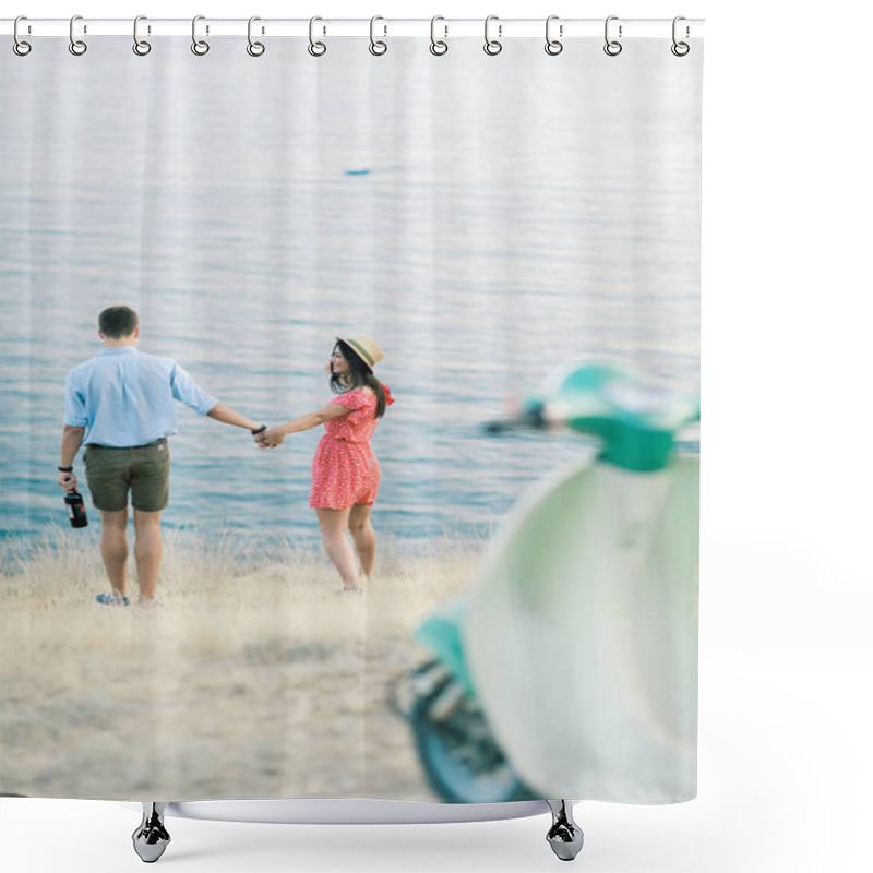 Personality  Young Stylish Couple In Love Walking In Mountains By The Sea. Vine Sunset Summer Mood Shower Curtains