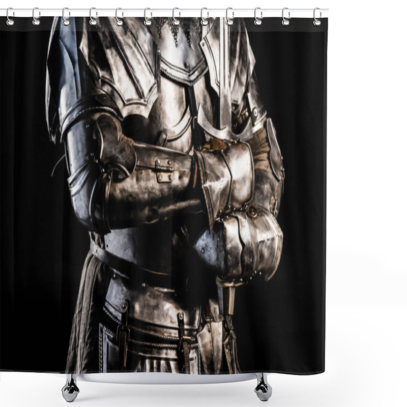 Personality  Cropped View Of Knight In Armor Holding Sword Isolated On Black  Shower Curtains