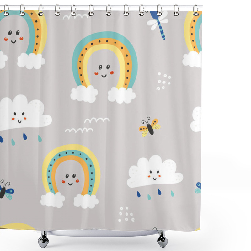 Personality  Seamless Pattern With Cute Clouds And Rainbow. Shower Curtains