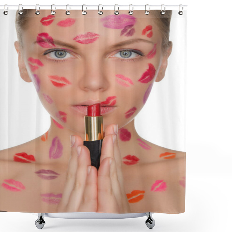 Personality  Beautiful Woman With Kisses On Face Holding Lipstick Shower Curtains