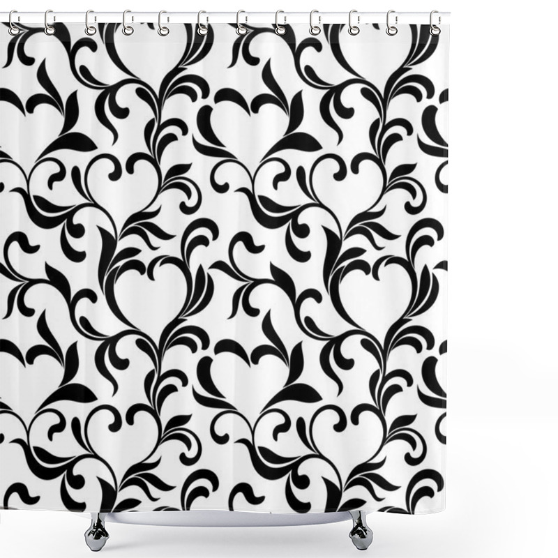 Personality  Seamless Pattern Of Leaves And Swirls In The Form Of Hearts On A White Background. Shower Curtains