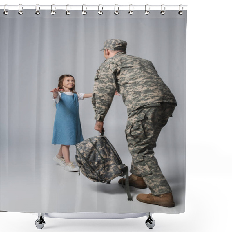 Personality  Happy Kid Welcoming Father In Military Uniform With Backpack During Homecoming On Grey Background Shower Curtains