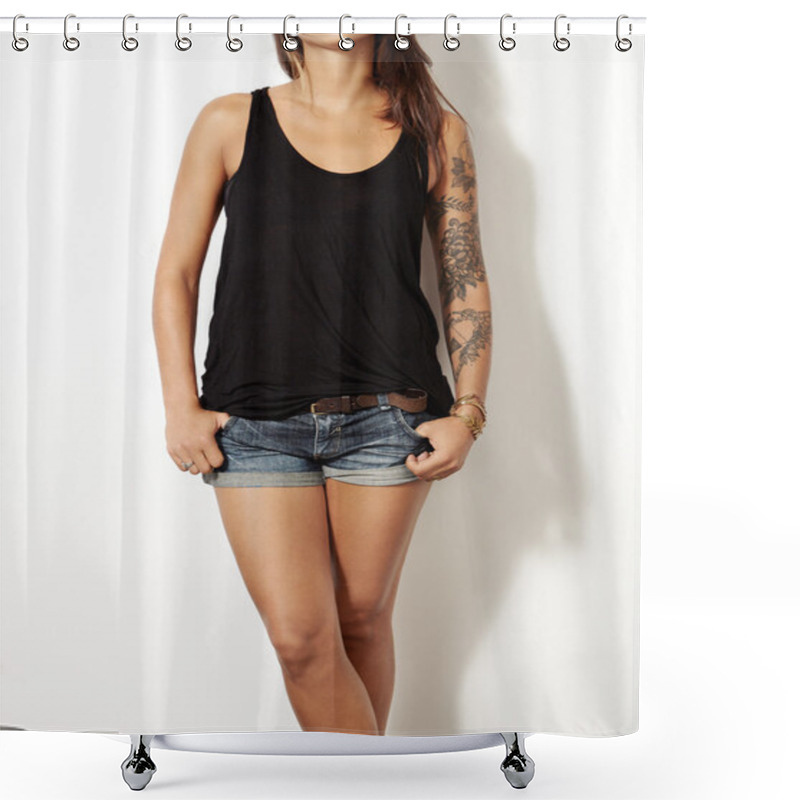 Personality  Woman In Black Sleeveless T-shirt Shower Curtains