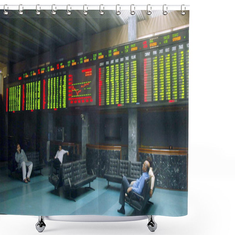 Personality  Pakistani Traders Sit Beneath An Electronic Screen At The Karachi Stock Exchange (KSE) Premises Shower Curtains