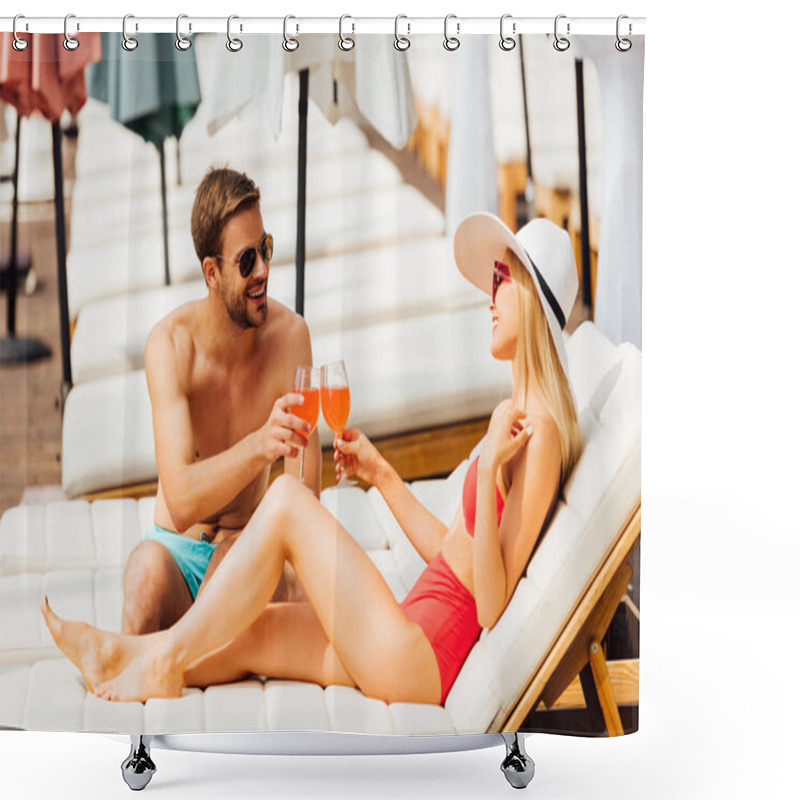 Personality  Sexy Couple Clinking Glasses Of Cocktails At Resort In Sunny Day Shower Curtains