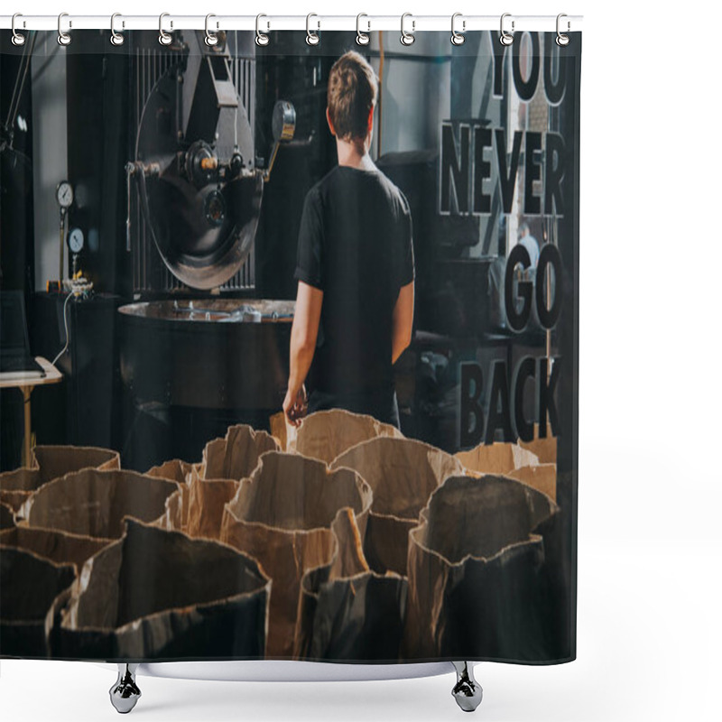 Personality  Man Standing By Paper Bags With Coffee Beans In Industrial Coffee Shop Shower Curtains