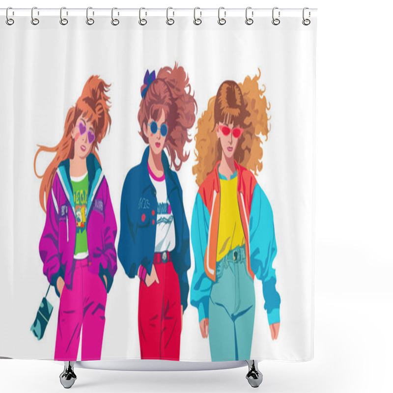 Personality  Three Girls Friends From 90s. Collection Of Characters In Trendy Retro And Memphis Style. Fashionable, Stylish Girls In Bright Multi-colored Clothes. Vector Isolated On White Shower Curtains