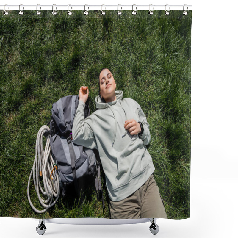 Personality  Top View Of Young Short Haired Woman Hiker In Casual Clothes Lying With Closed Eyes Near Backpack With Travel Equipment On Grassy Lawn, Solo Hiking Journey Concept, Summer Shower Curtains