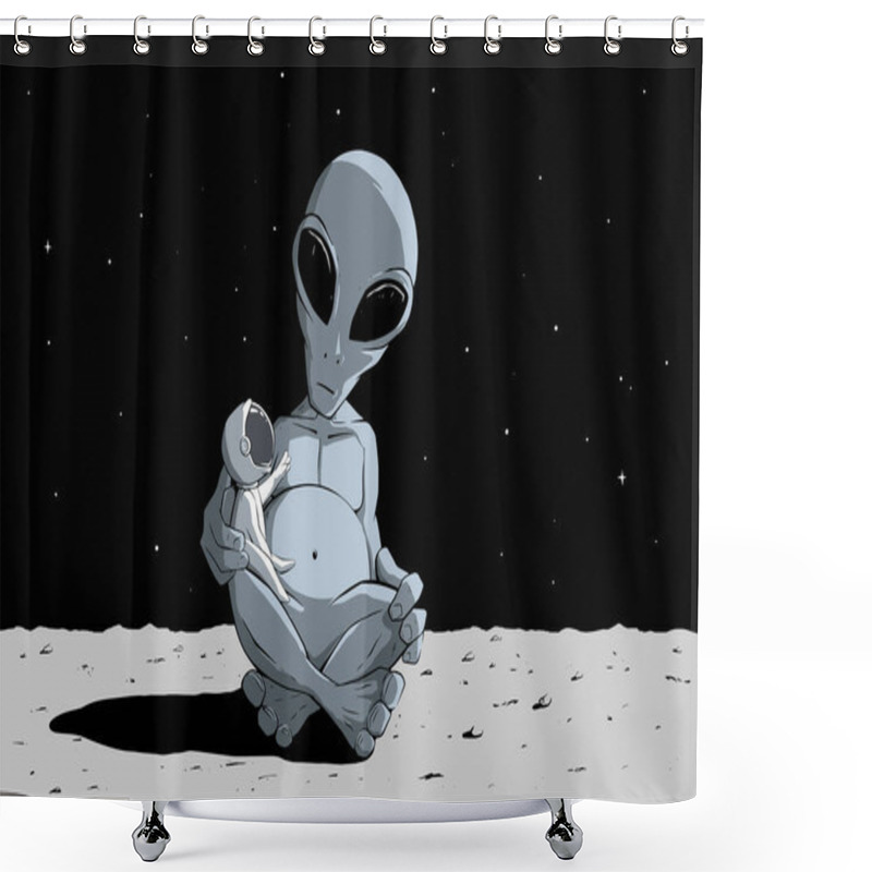 Personality  Big Alien Holds A Little Astronaut In His Arms. Space Vector Illustration Shower Curtains