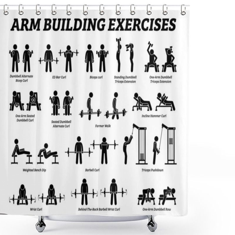 Personality  Arm Building Exercises And Muscle Building Stick Figure Pictograms. Artworks Depict A Set Of Weight Training Reps Workout For Arm Hand Muscle By Gym Machine And Tools With Step By Step Instructions.  Shower Curtains