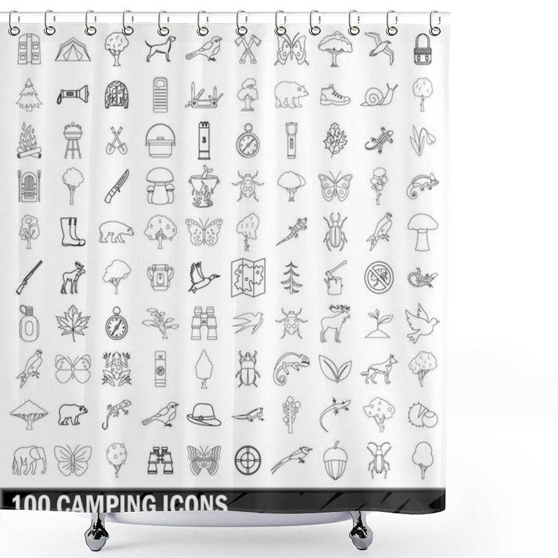 Personality  100 Camping Icons Set, Outline Style Shower Curtains