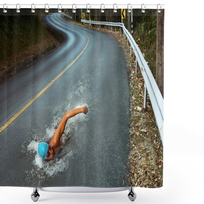 Personality  Strong Man Swim On Asphalt Road Shower Curtains