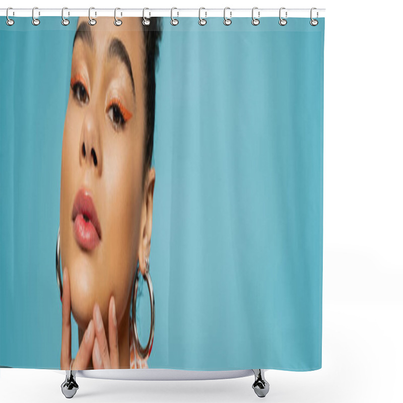 Personality  Beautiful African American Model In Silver Hoop Earrings And Rings Looking At Camera On Blue, Banner Shower Curtains