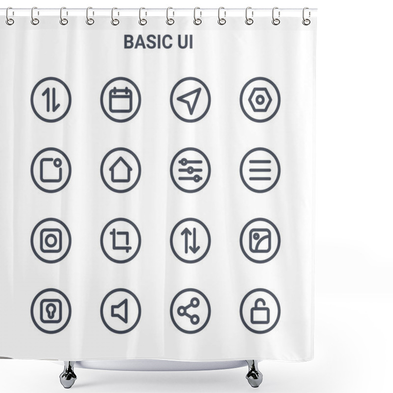 Personality  Set Of 16 Basic Ui Concept Vector Line Icons. 64x64 Thin Stroke Icons Such As Calendar, Notification, Menu, Exchange, Volume, Lock, Share, Adjust, Setting Shower Curtains