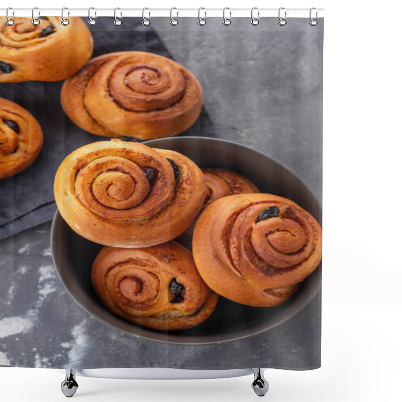 Personality  Freshly Baked Traditional Sweet Cinnamon Rolls, Swirl. Copy Space. Shower Curtains