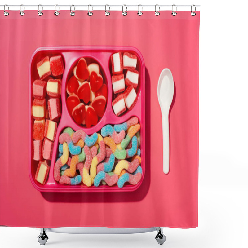 Personality  Top View Of Gummy Candies On Plastic Tray On Pink Surface Shower Curtains