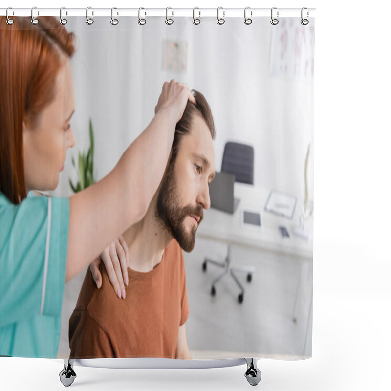 Personality  Blurred Physiotherapist Examining Bearded Man With Injured Neck In Consulting Room Shower Curtains