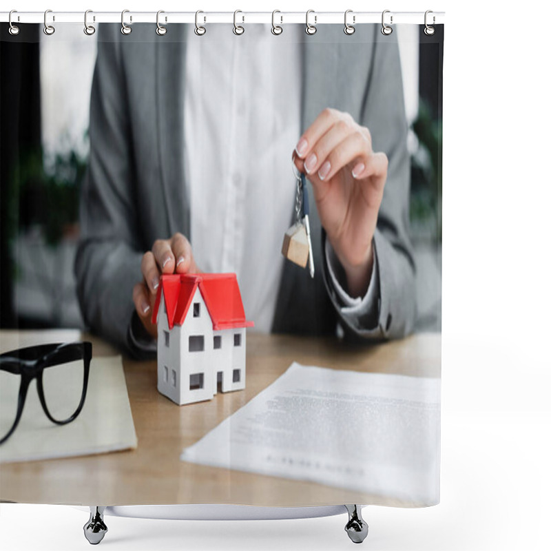 Personality  Cropped View Of Woman Holding Key Chain With Key Near House Model And Documents On Desk Shower Curtains