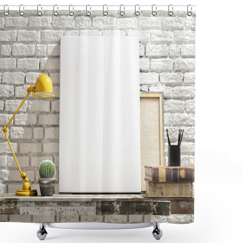 Personality  Mock Up Poster On Table. White Brick Background Shower Curtains