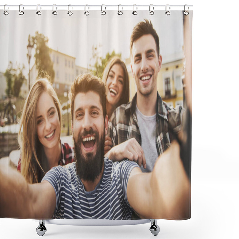 Personality  Young Happy People Have Fun Outdoors In Autumn. Shower Curtains