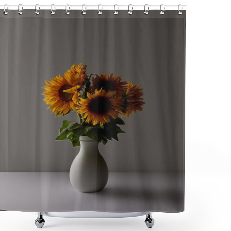 Personality  Decorative Bouquet Of Yellow Sunflowers In Vase, On Grey Shower Curtains