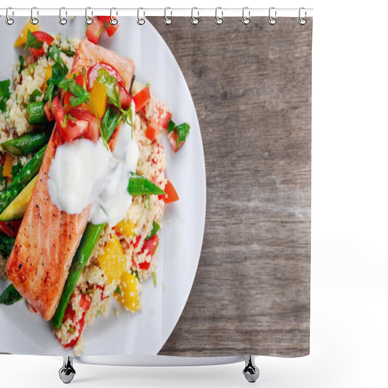 Personality  Pan Fried Salmon With Tender Asparagus,  Couscous, Vegetables Shower Curtains