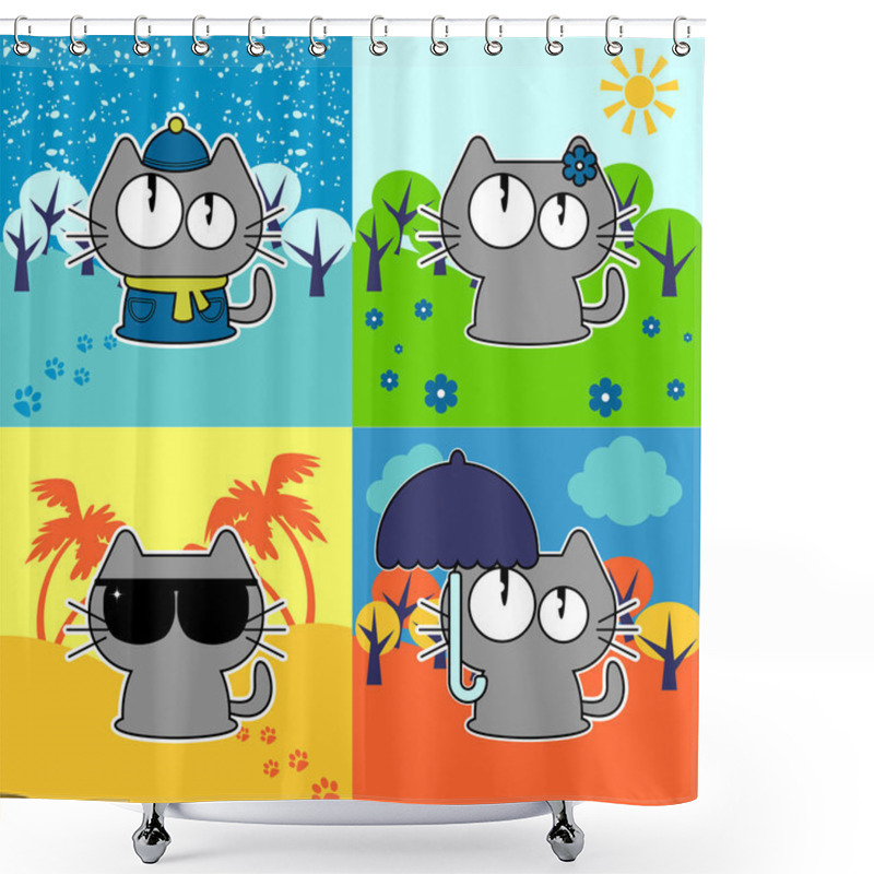 Personality  Cute Funny Cat In Four Seasons Set Shower Curtains