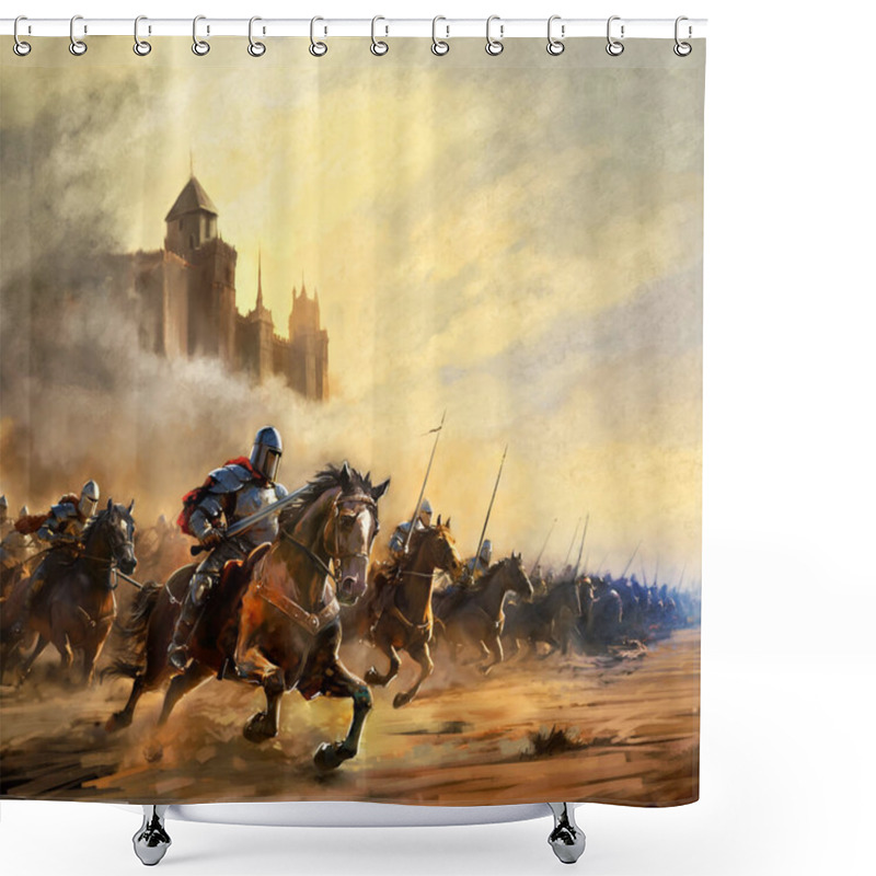 Personality  Fantasy Battle Of Knights In Armor, Knights On Horseback Attack The Enemy, Castle In The Background, Dynamic Plot, Vertical Composition With Space For Text, Illustration And Book Cover Shower Curtains