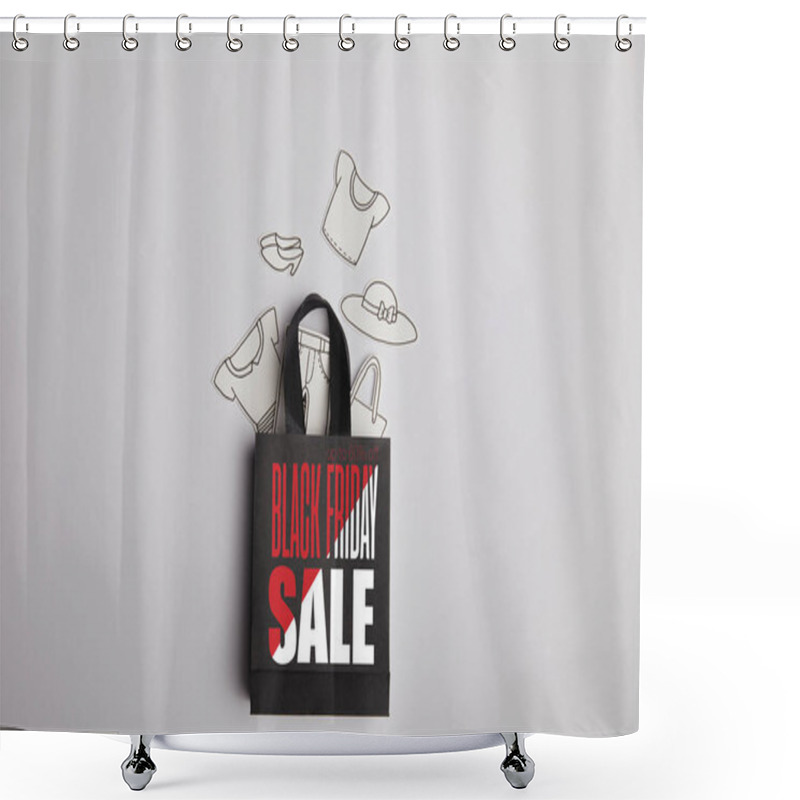 Personality  Top View Of Paper Bag With Black Friday Sale Inscription And Paper Clothes On Grey Background Shower Curtains