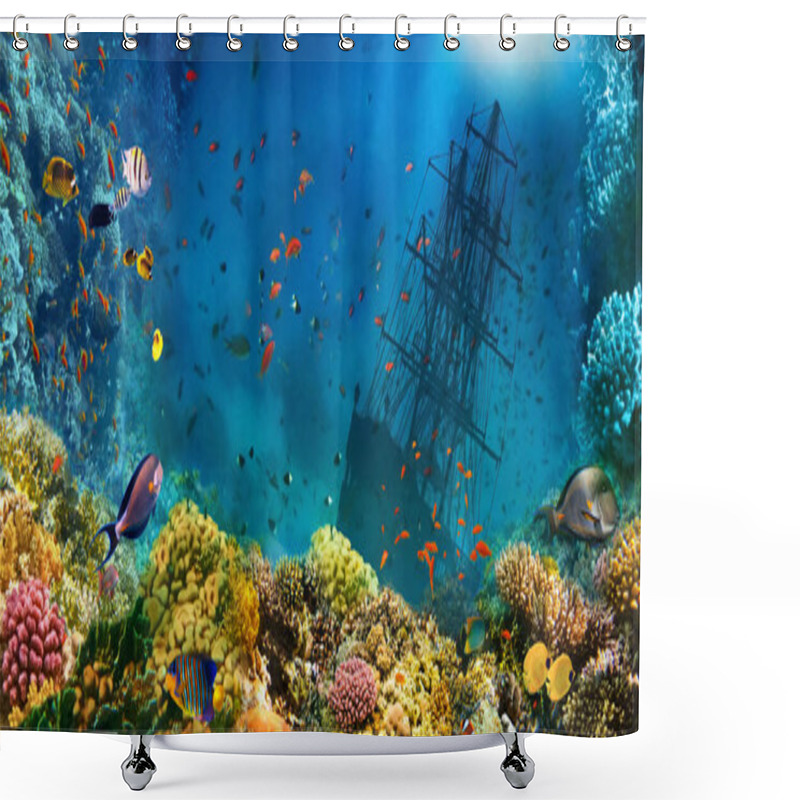 Personality  A Sunken Shipwreck In Sea. Underwater World. Coral Fishes Of Red Sea. Egypt. Collage Shower Curtains