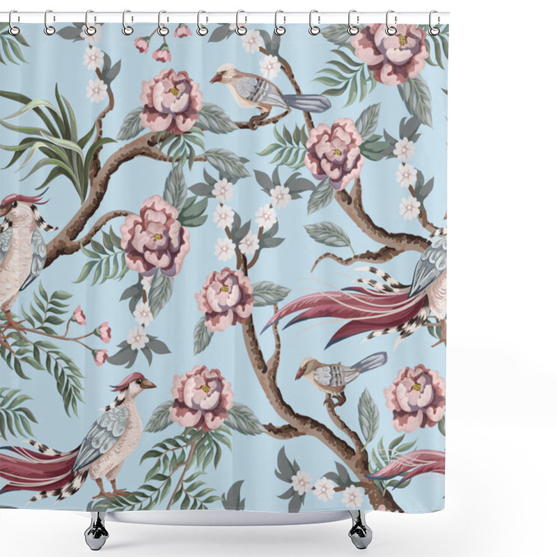 Personality  Seamless Pattern In Chinoiserie Style With Storks, Birds And Peonies. Vector, Shower Curtains