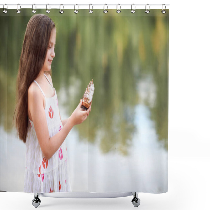 Personality  Girl Playing With A Toy Sailing Ship By The River Shower Curtains