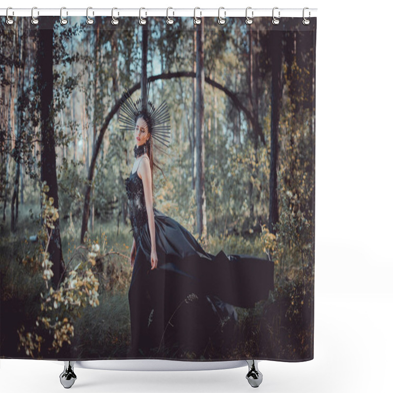 Personality  Beautiful Woman In Witch Costume Standing On Forest Background Shower Curtains